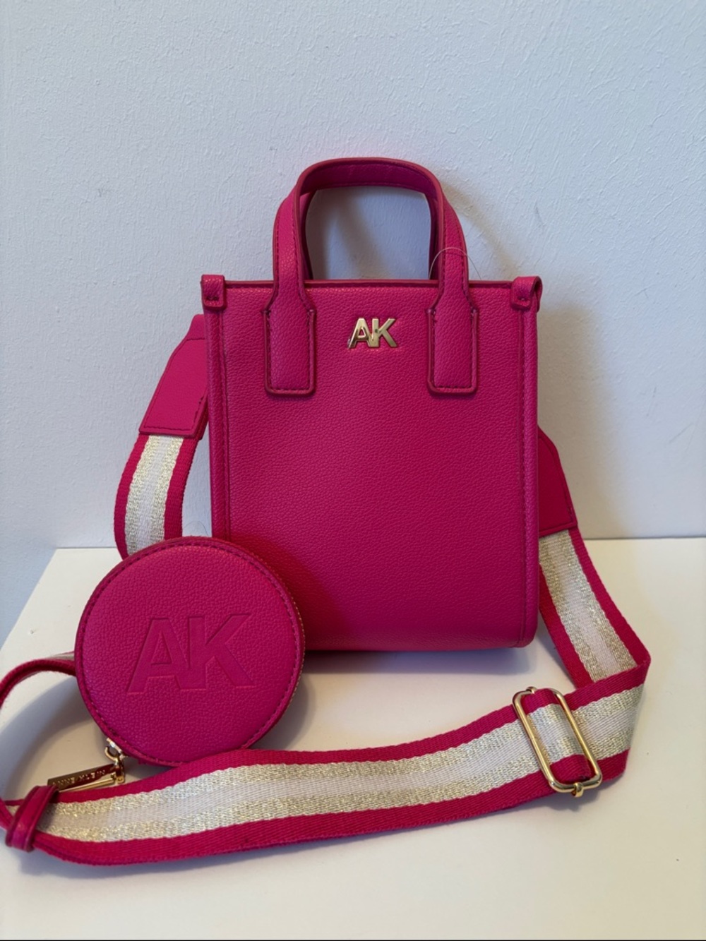 Anne Klein Hot Pink Leather Crossbody Bag with Striped Strap